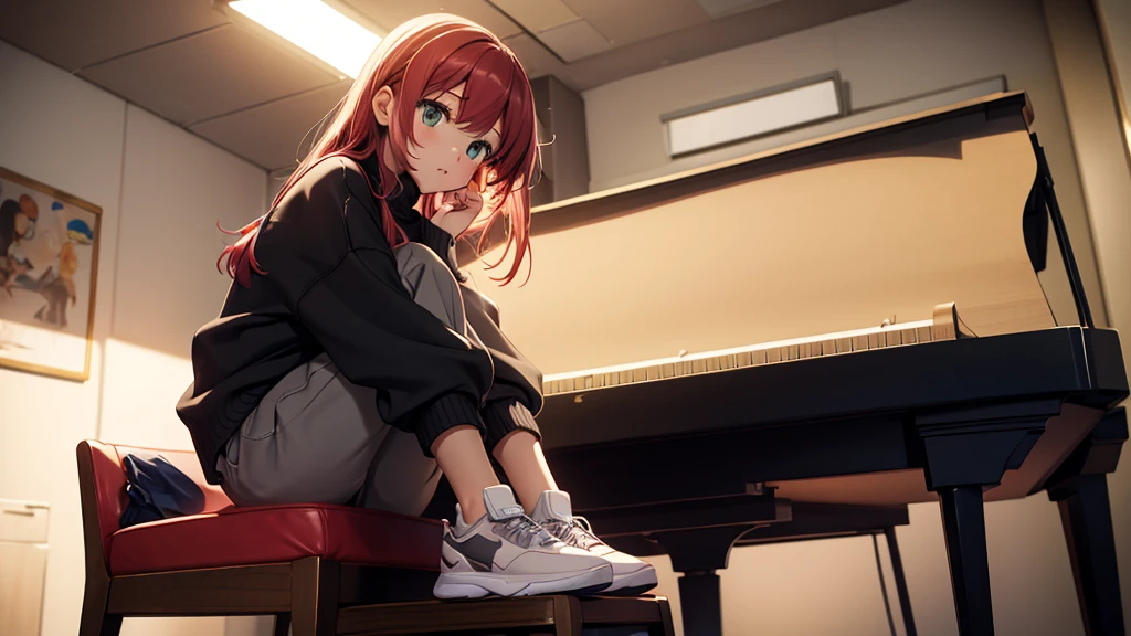 Girl sitting in front of the piano, in perfect position, brightly lit room, full body, sweater and wide pants with sneakers