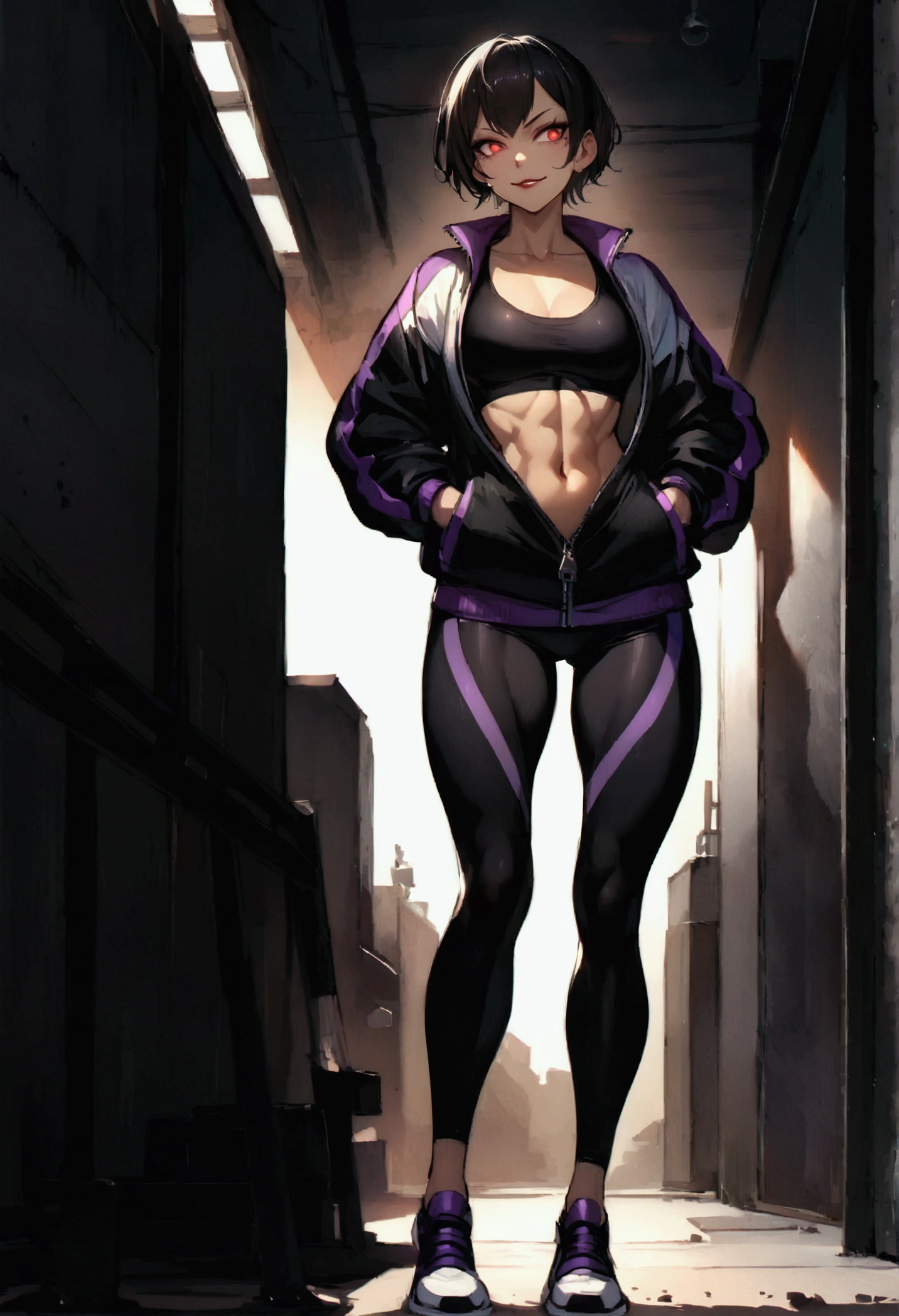 beautiful young fitness girl with , in a gym wearing May with black tights, white and purple tight gym jacket. Alone,red eyes glowing,evil smile,legging preto ,labiaa,dark eye shadow,eyes shining,hands in pockets,neckline,half open jacket zipper,Tight black shirt,white sports sneakers,short hair with purple details,beautiful curves,whole body
