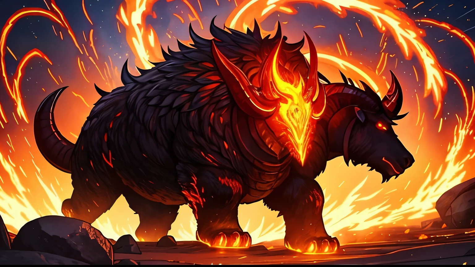 The colossal ram-shaped creature with flaming horns and glowing eyes. His body is enveloped in an aura of fire, pulsing with fighting energy. The beast is positioned on a rocky plain, with sparks and embers dancing around it, as if about to enter a cosmic battle