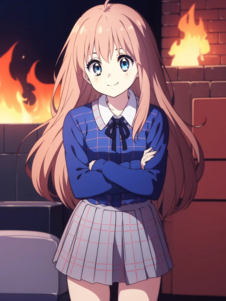 Ai shindou, 1girl, solo, long hair, floating hair, blue skirt, blue uniform, brown hair,  long sleeves, blue sea eyes, plaid, zombie,gray pale skin,smile, plaid skirt, ribbon, cowboy Shot,
Darkness in the room, fire behind and near, blue fire color
masterpiece, high quality, very_high_resolution, large_filesize, full color,