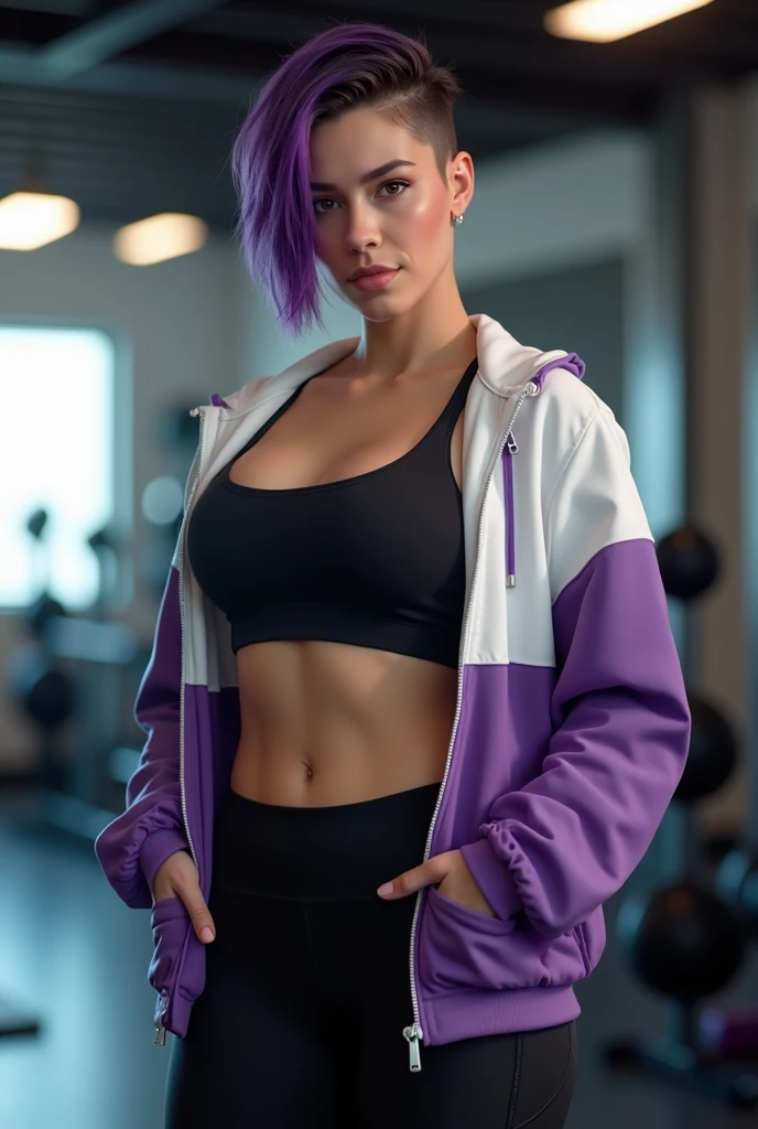 1 Woman, in gym, ((Light purple hair)), Bob Hair, ((big blue eyes)), Model appearance, fitness body, cute face, 20 years old, ((Black sportswear)), high quality, 8k