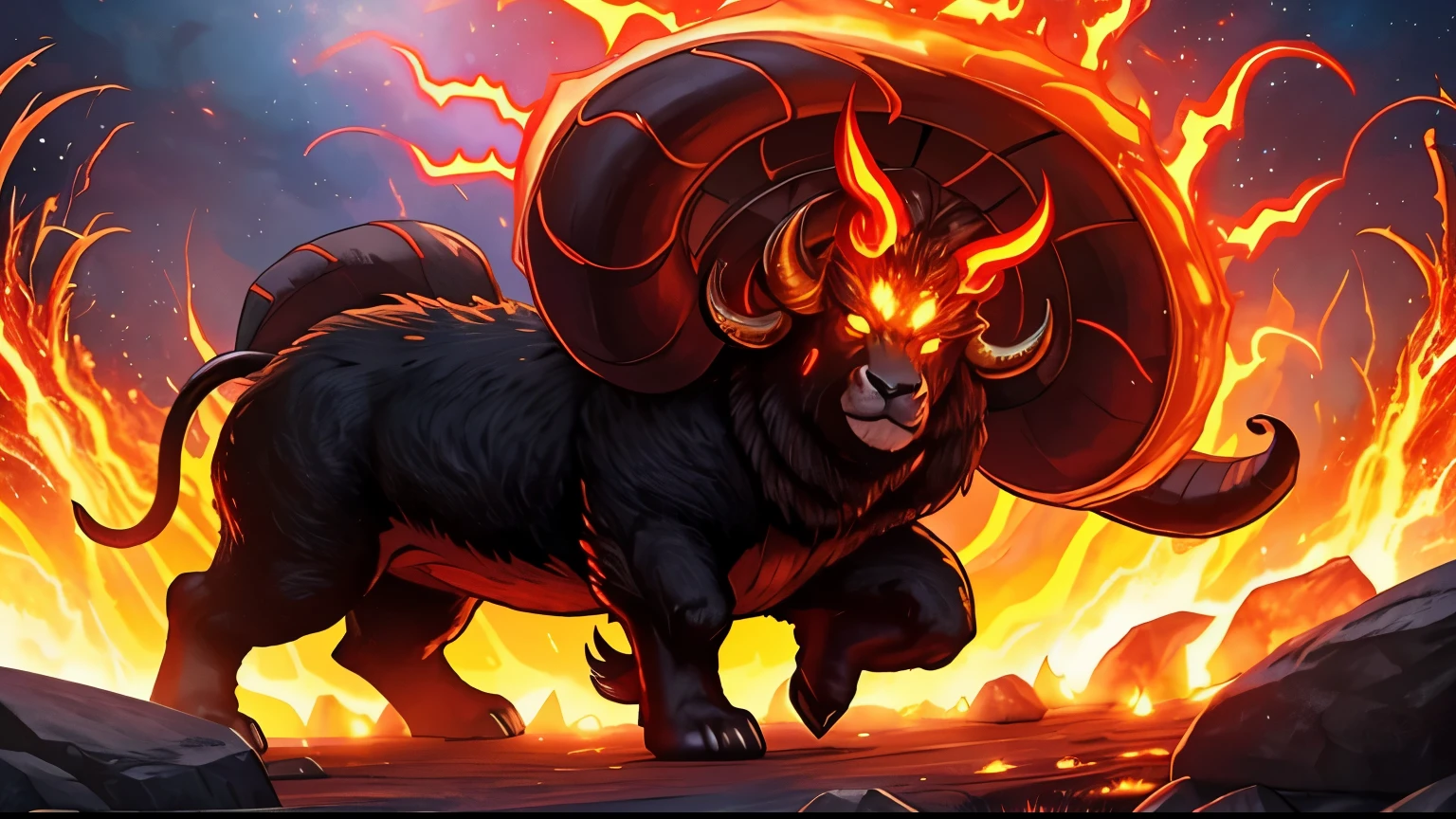 The colossal ram-shaped creature with flaming horns and glowing eyes. His body is enveloped in an aura of fire, pulsing with fighting energy. The beast is positioned on a rocky plain, with sparks and embers dancing around it, as if about to enter a cosmic battle