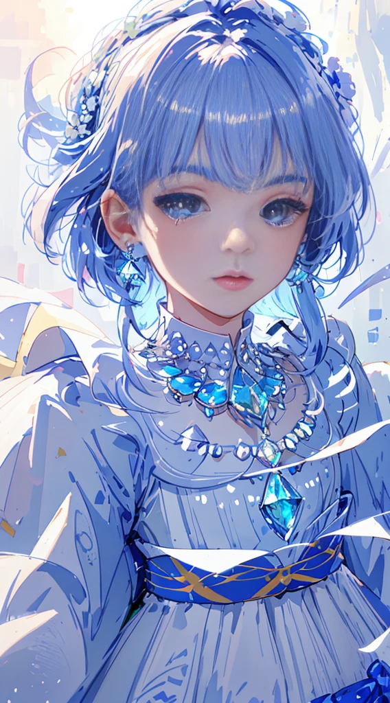 masterpiece, best quality, illustration, sax blue, platinum earrings, platinum necklace, white dress, 1girl, cute, (dynamic lighting:1.2), cinematic lighting, delicate facial features, detailed eyes, sharp pupils, realistic pupils, depth of field, bokeh, sharp focus, (hyper-detailed, bloom, glow:1.4), many small gems