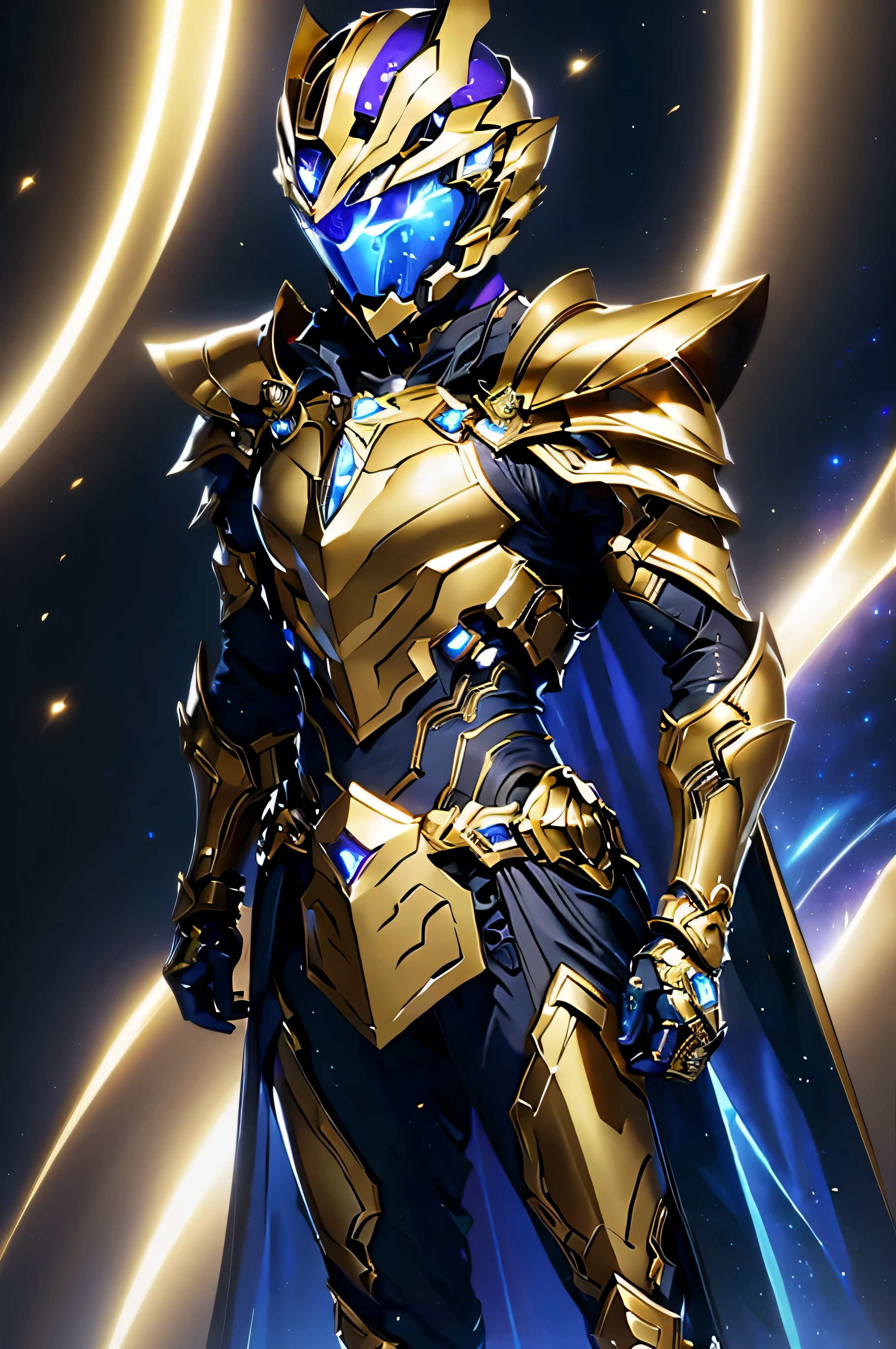 It's a man. The image presents a highly detailed and futuristic armor designed for a male warrior. The armor combines elements from different parts to create a cohesive and powerful look. Helmet: The helmet features a sleek, aerodynamic design with a golden metallic finish. It has a central crest that rises upwards, and the visor glows with a bright blue light, giving it a high-tech, futuristic appearance. Chest Plate and Upper Extension: The chest plate is intricately segmented, with a combination of gold and dark metallic blue. It has a gem-like crystal in the center that emits a soft, mystical glow. The design is both protective and regal, with sharp, angular lines that add to the overall futuristic aesthetic. The chest plate extends upward into the shoulder region, creating a seamless, angular protection that covers the shoulders. This extension forms a cohesive, powerful transition from chest to shoulders, giving the armor a unified appearance without visible separation. Arm Guards: The arm guards are sleek and streamlined, with articulated golden and purple segments that offer flexibility and protection. Their design blends futuristic elements with classic elegance. Leg Armor: The legs are armored with segmented plates, primarily gold and purple. The boots are angular and sturdy, designed for strength and agility. The overall look of the leg armor is grounded yet sleek, completing the ensemble with a powerful stance. High Collar: The armor features a high collar that rises from the back and sides of the neck, tightly encircling the throat. This collar is seamlessly connected to the chest and upper extension, enhancing both the protective and aesthetic qualities of the armor. Background: The image is set against a dark cosmic backdrop, filled with distant stars and nebulae, reflecting off the polished surfaces of the armor. Dynamic lighting emphasizes key features like the glowing visor and chest gem, reinforcing the warrior's imposing, mystical presence.