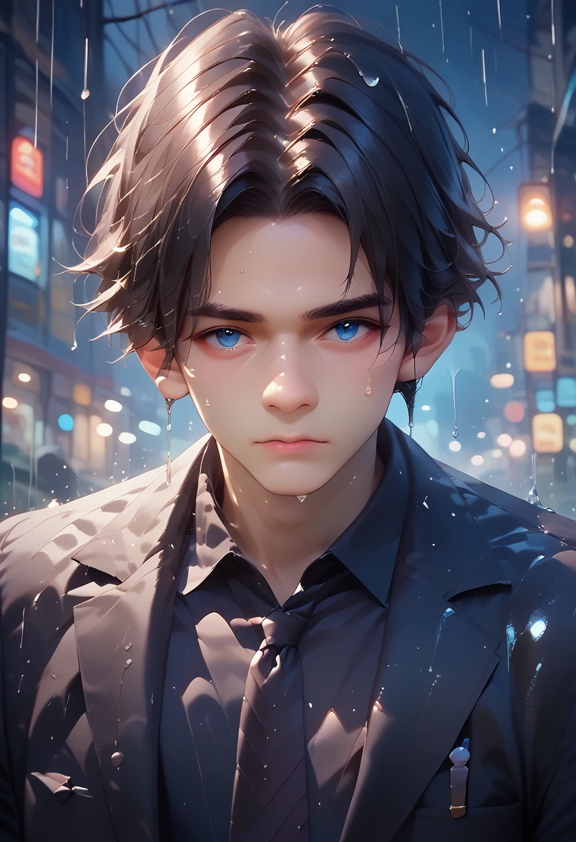 A young man with black hair and blue eyes in a black suit turned his back and half his face in the middle of a rainy city at night.