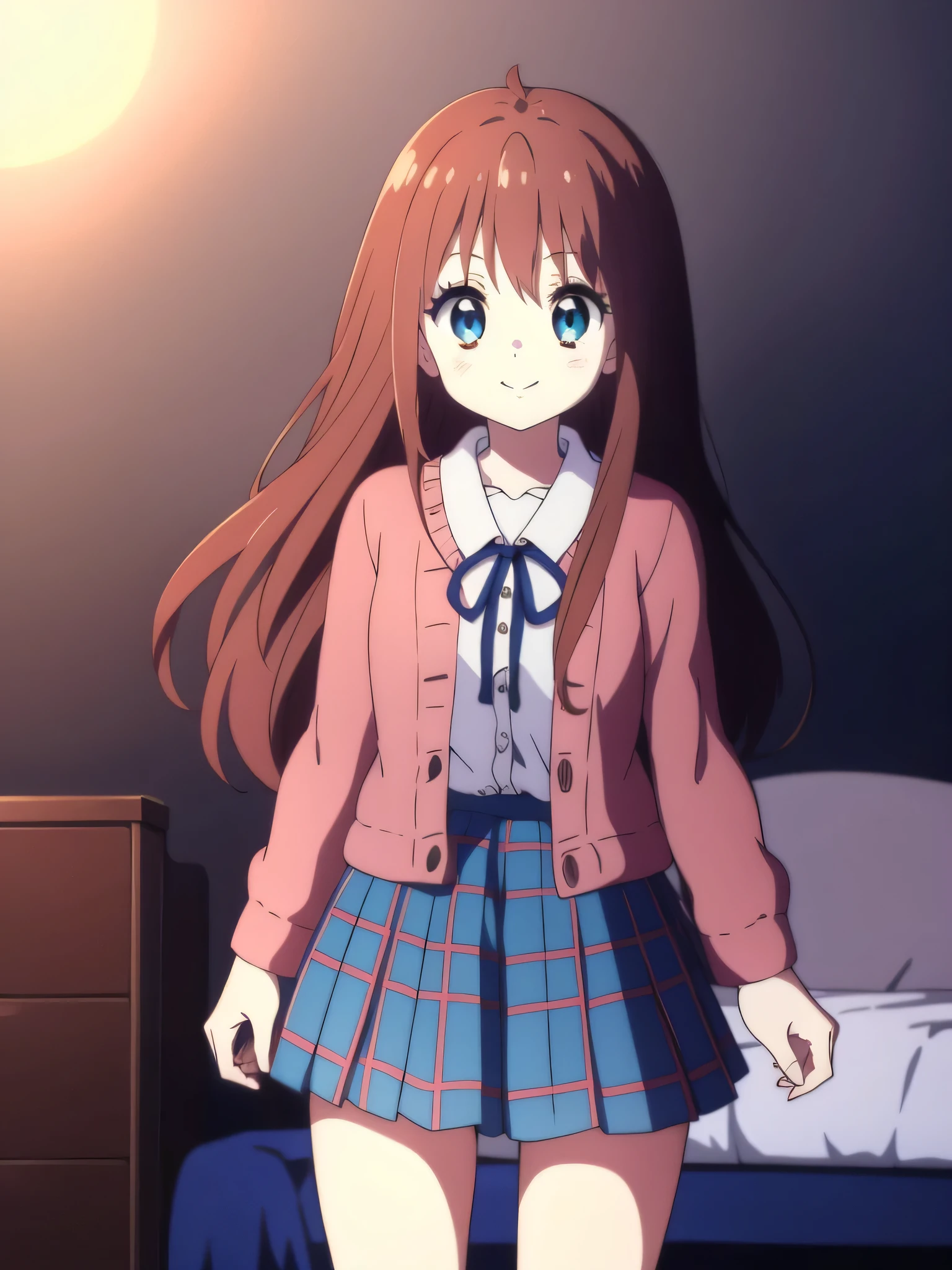 Ai shindou, 1girl, solo, long hair, floating hair, blue skirt, blue uniform, brown hair,  long sleeves, blue sea eyes, plaid, zombie,gray pale skin,smile, plaid skirt, ribbon, cowboy Shot,
Darkness in the room, fire behind and near, blue fire color
masterpiece, high quality, very_high_resolution, large_filesize, full color,