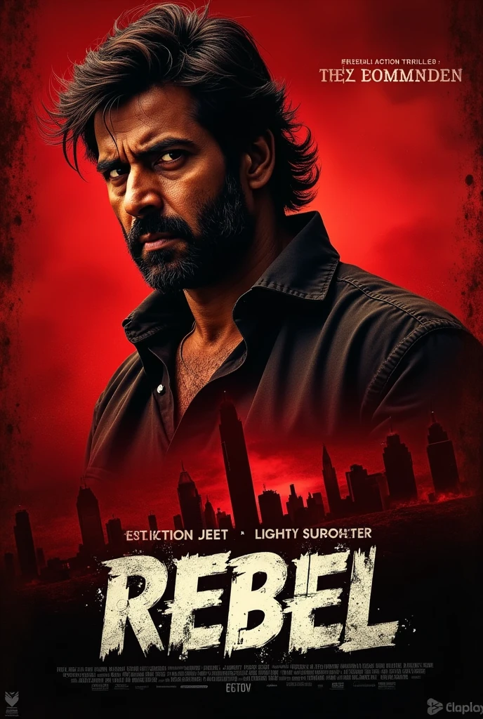 Dark red and black evil themed poster with back view of a man covered in blood without shirt and bad bleeding wounds in city
With the title RAUDRAM in sharp blood font