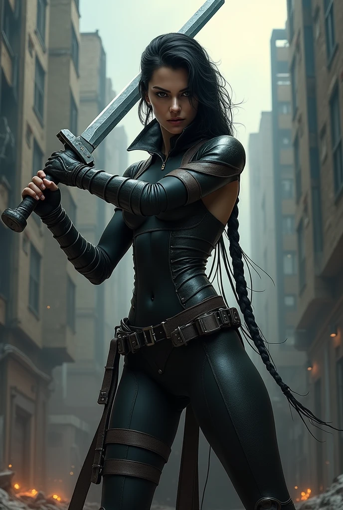 closeup of young woman game player (holding knife) (attack stance) in dark abandoned alley gloomy night, perfect picture, studio shot, intricate, highly detailed, by greg rutkowski,