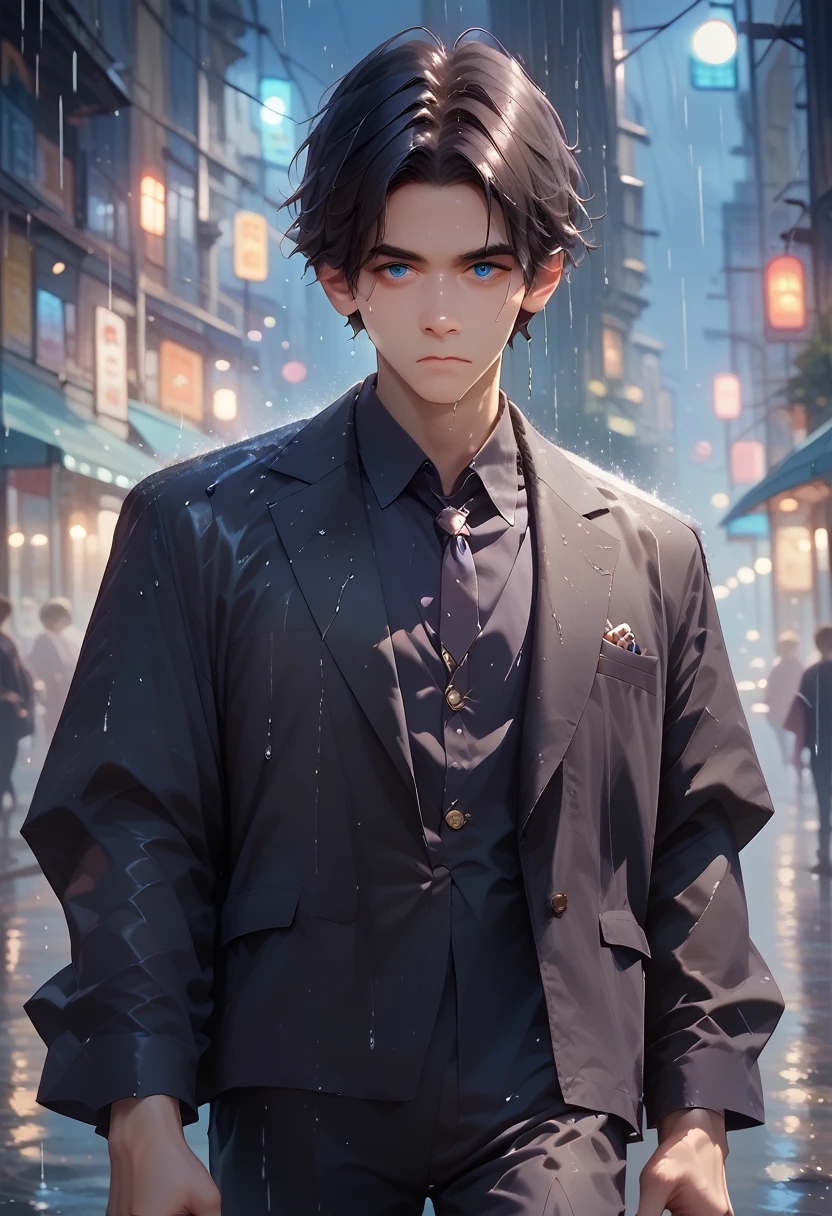 A young man with black hair and blue eyes in a black suit turned his back in the middle of a rainy city at night.