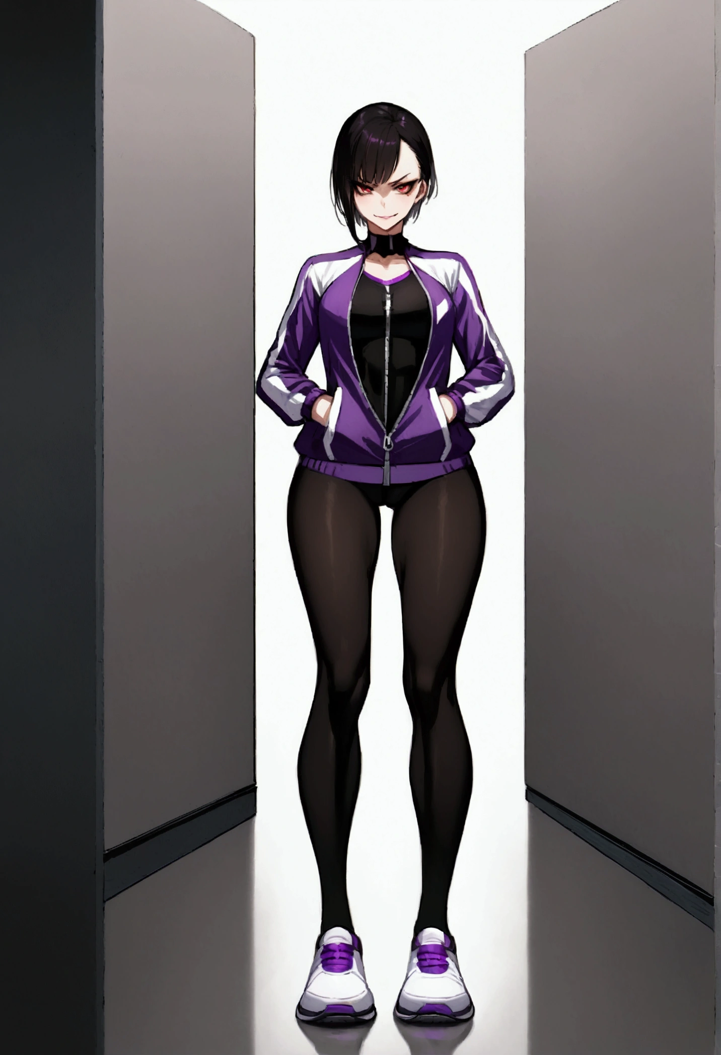 beautiful young fitness girl with , in a gym wearing May with black tights, white and purple tight gym jacket. Alone,red eyes glowing,evil smile,legging preto ,labiaa,dark eye shadow,eyes shining,hands in pockets,neckline,half open jacket zipper,Tight black shirt,white sports sneakers,short hair with purple details,beautiful curves,whole body
