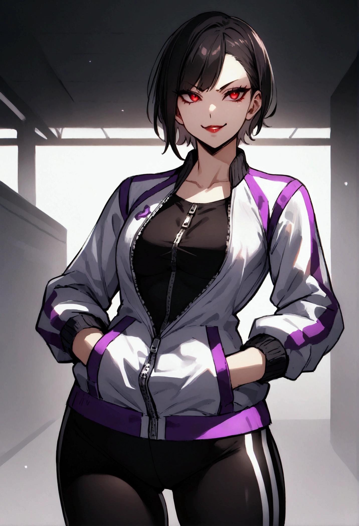 beautiful young fitness girl with , in a gym wearing May with black tights, white and purple tight gym jacket. Alone,red eyes glowing,evil smile,legging preto ,labiaa,dark eye shadow,eyes shining,hands in pockets,neckline,half open jacket zipper,Tight black shirt,white sports sneakers,short hair with purple details,beautiful curves,whole body
