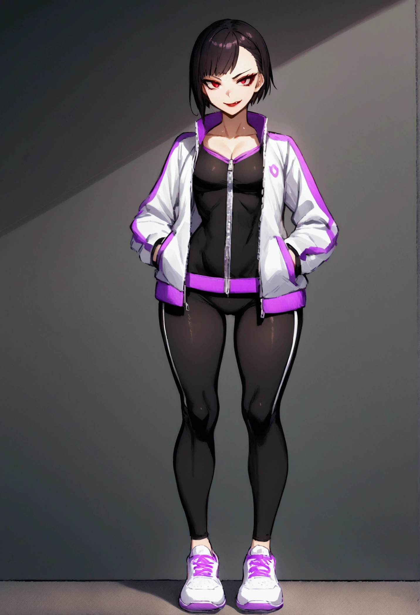 beautiful young fitness girl with , in a gym wearing May with black tights, white and purple tight gym jacket. Alone,red eyes glowing,evil smile,legging preto ,labiaa,dark eye shadow,eyes shining,hands in pockets,neckline,half open jacket zipper,Tight black shirt,white sports sneakers,short hair with purple details,beautiful curves,whole body
