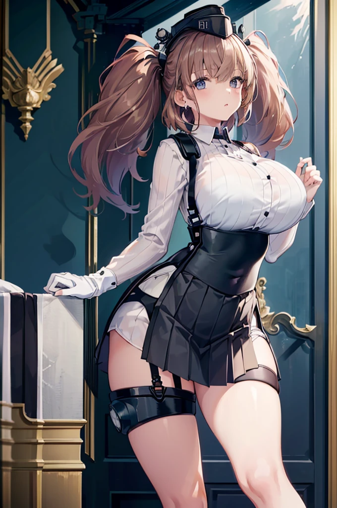 ((masterpiece)),((Best Quality)), One Woman, Alone, atlanta \(kancolle\), Bust Shot, from the front, Standing, View your viewers, Detailed Eyes, White business shirt, black high waist skirt, suspenders, Rubber gloves, Star-shaped earrings, hat, Brown Hair, Twin tails, ((((Very large breasts)))), (Wide Hips), 