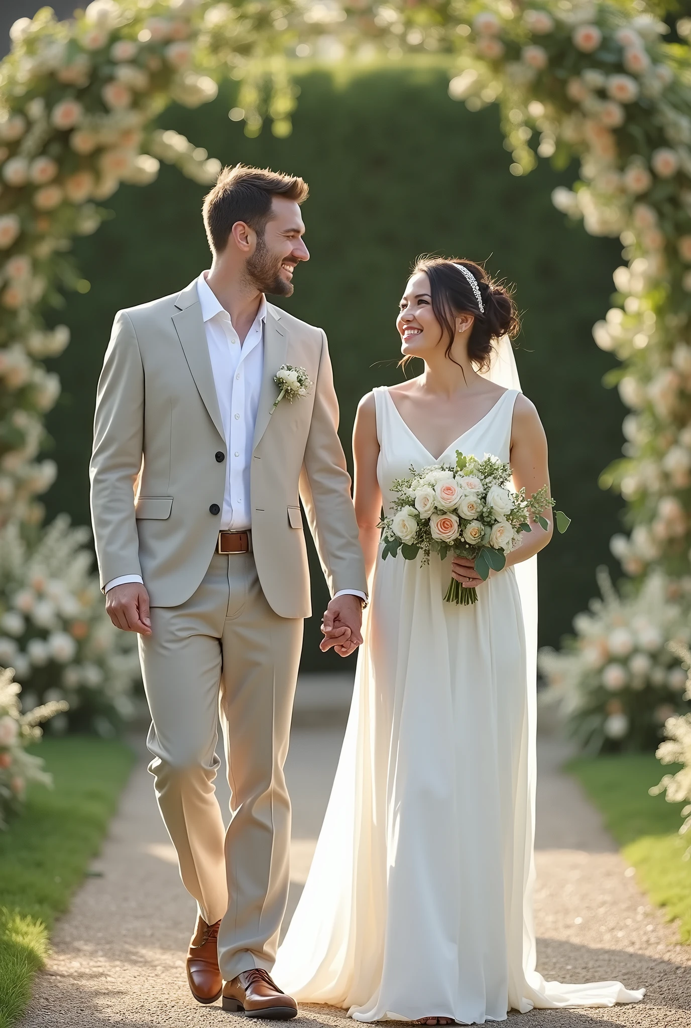Marriage, bride and groom looking forward