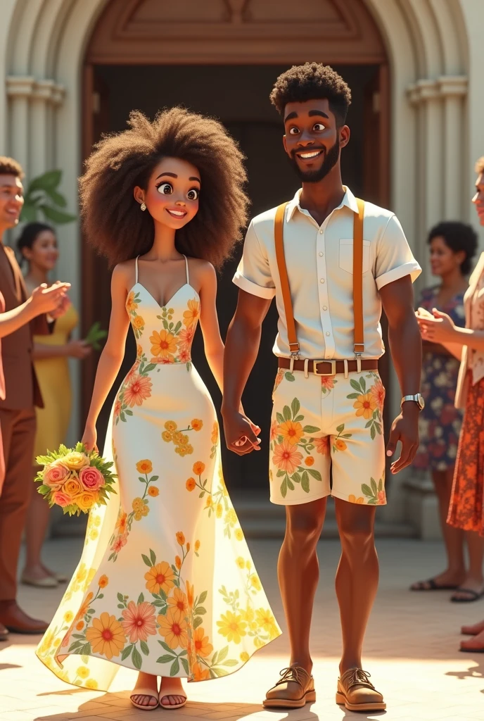 An illustration of an adorable couple, Highlight for a mulatto man with a beard with a red cap and a brunette woman with beautiful expressive eyes - the man's skin is mulatto, the woman's skin is brunette, and the woman's hair is straight and black. They are a bright room, cada um com um sorriso no rosto, e compartilhar um momento especial caracterizado pelo amor, Insights. Illustrate this scene from a perspective where they are facing the camera, Smiling and Showing Your Connection. Desenvolva esta arte em Full HD, Focus on your cinematic touch, Estilo Disney Pixar Animations