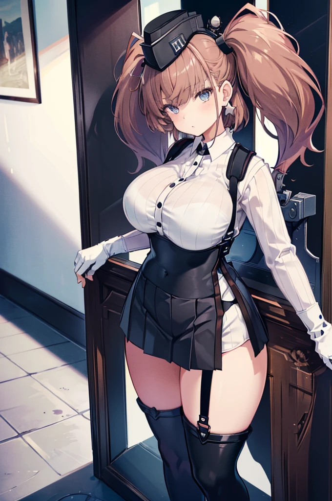 ((masterpiece)),((Best Quality)), One Woman, Alone, atlanta \(kancolle\), Bust Shot, from the front, Standing, View your viewers, Detailed Eyes, White business shirt, black high waist skirt, suspenders, Rubber gloves, Star-shaped earrings, hat, Brown Hair, Twin tails, ((((Very large breasts)))), ((Wide Hips)), 