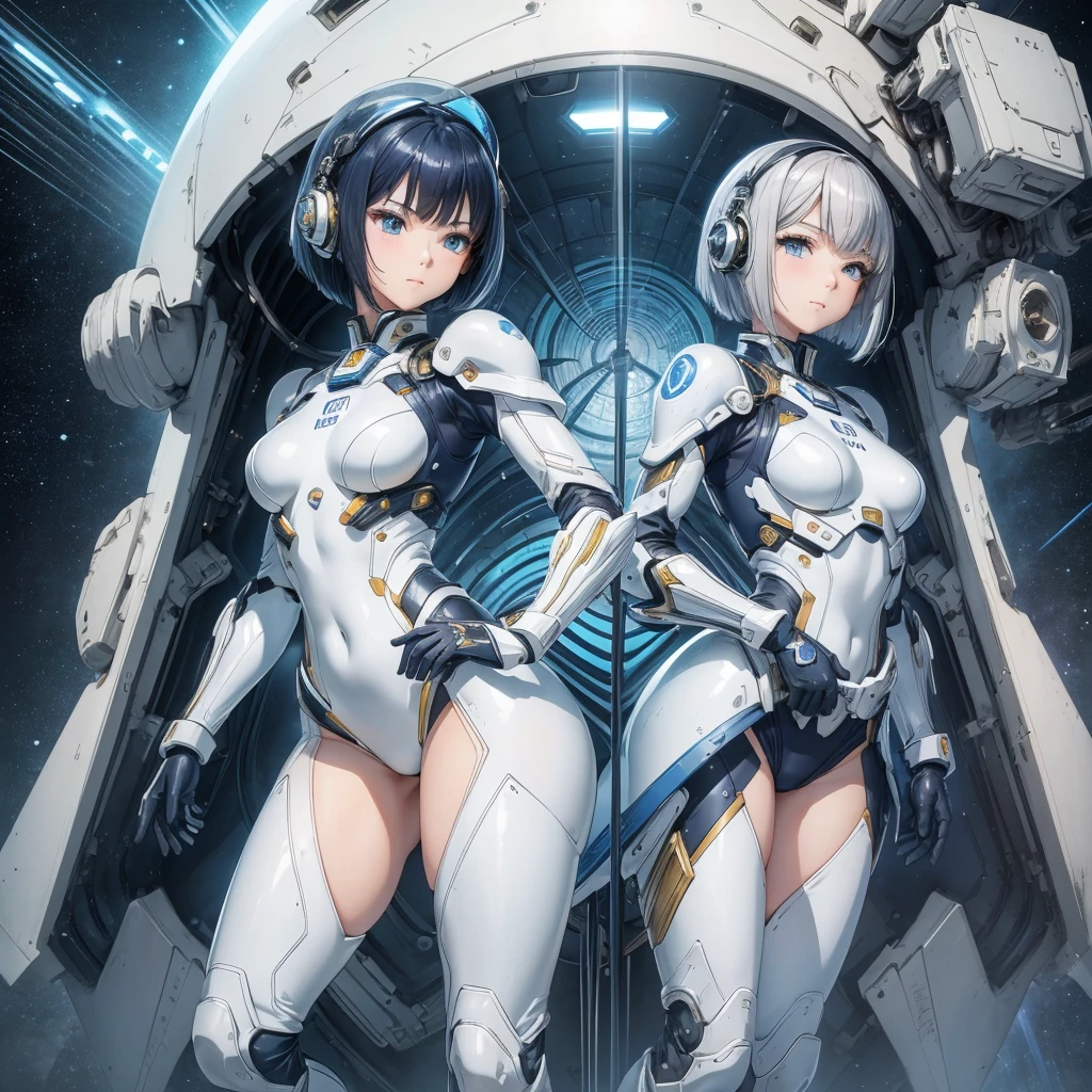 Beauty, big breasts, leaky spot, split legs, 18 years old, white mecha, starry sky background, rich details, anime style