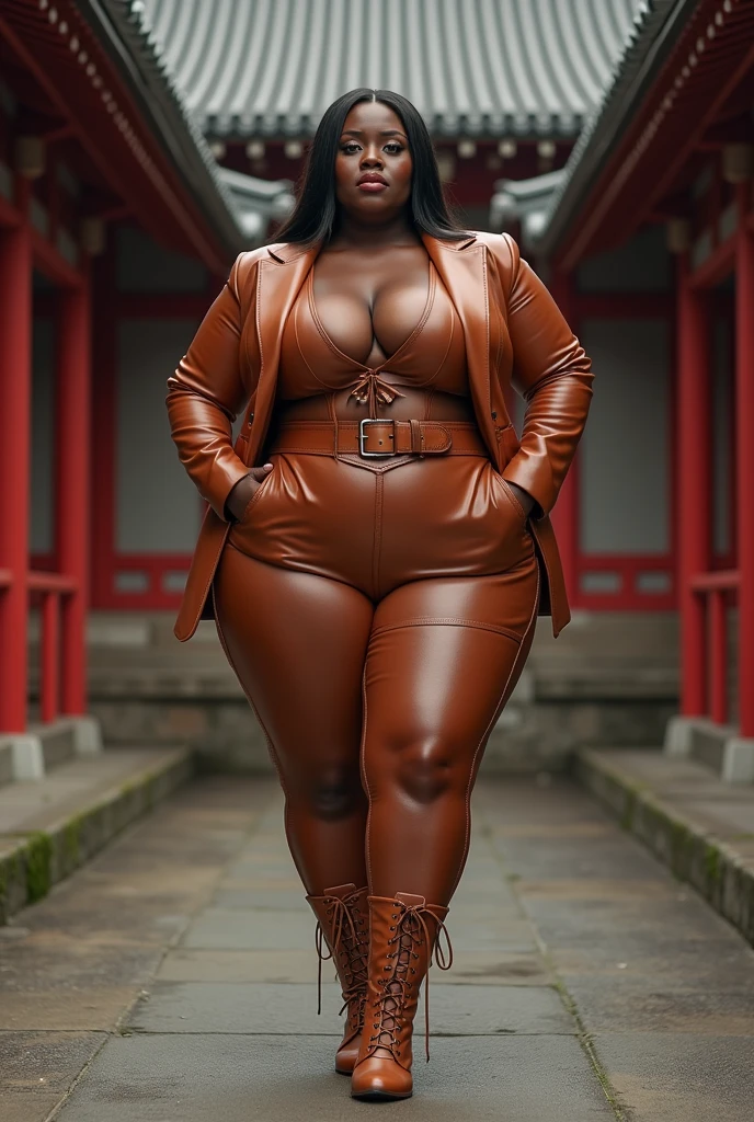 MASSIVE BUTTOCKS, translucent plastic leggings, UHD, library sidewalk, She's a dark skin melanin Goddess, with waist of infinite smallness, plum translucent puffy sleeves, muscular abs, pixie cut