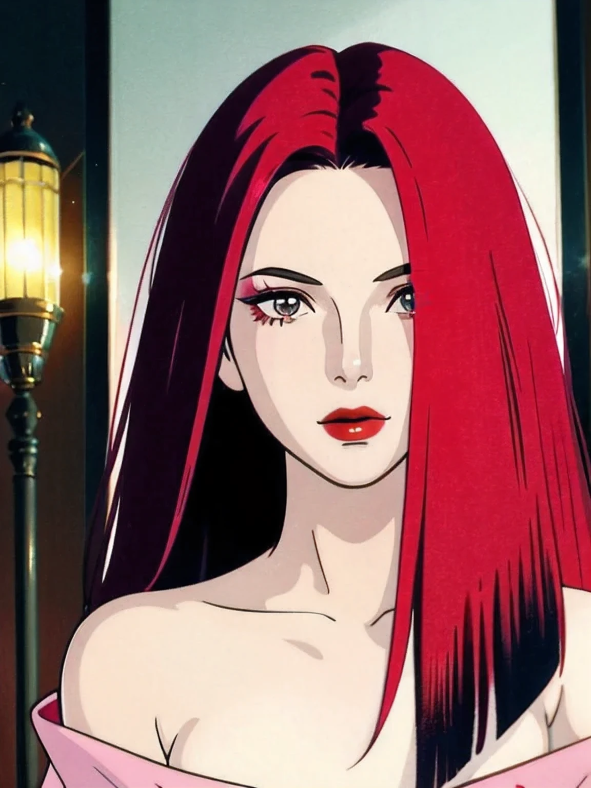 1girl in, solo, Jewelry, rose hair, necklace, red-lips, Long hair, covered eyes, lipstick, makeup, upper-body, closed mouth, gown, hair above one eye, clavicle, gown,Spectrum Theme,bad-girl, large breasts,sparkly skin,(mature female),chic, Snthwve style, nvinkpunk Close-up portrait of a face (((sks person))), Smooth soft skin, big dreamy eyes, Beautiful intricate dyed hair, Symmetrical, anime wide eyes, soft-lighting, Detailed Face, makoto sinkai, by Stanley Artgerm Lau, WLOP, rossdraws, Concept art, Digital Painting, looking up at the camera