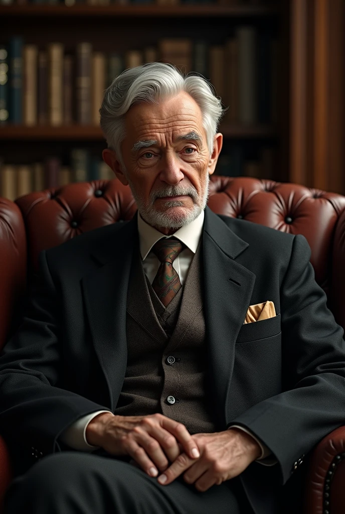 create an image of a man aged 50 to 60 sitting in an antique armchair inside a personal library
