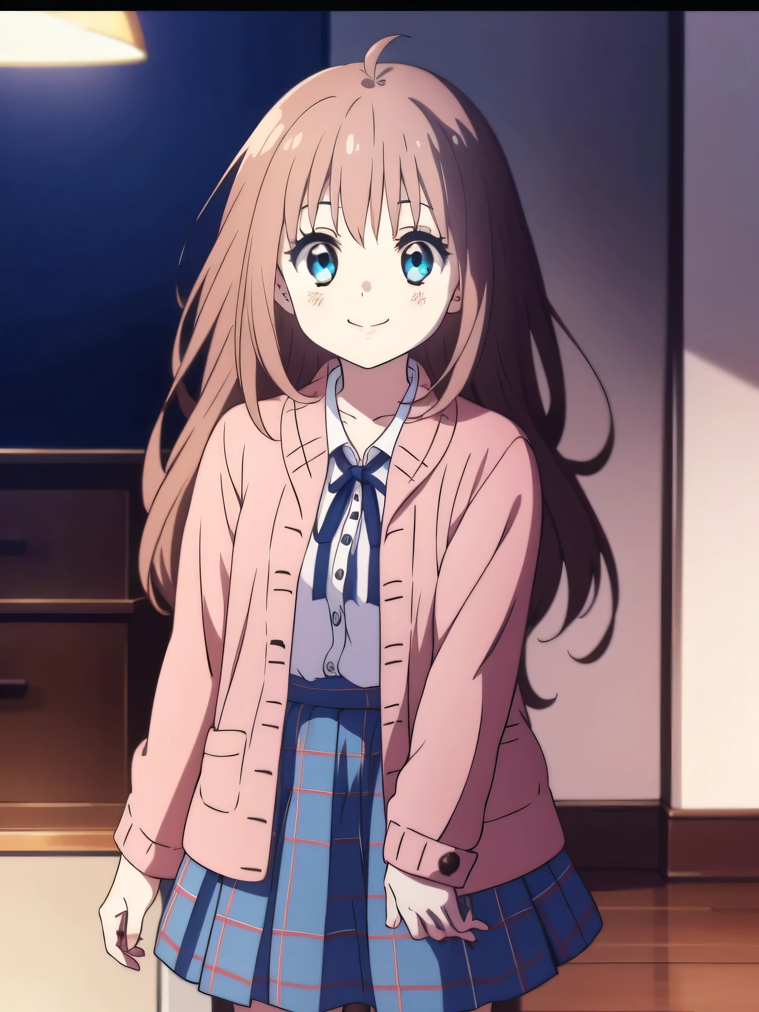 Ai shindou, 1girl, solo, gray color skin,zombie, long hair, floating hair, blue skirt, blue uniform, brown hair, long sleeves, blue sea eyes, plaid, zombie,gray pale skin,smile, plaid skirt, ribbon, cowboy Shot,
Darkness in the room
masterpiece, high quality, very_high_resolution, large_filesize, full color,