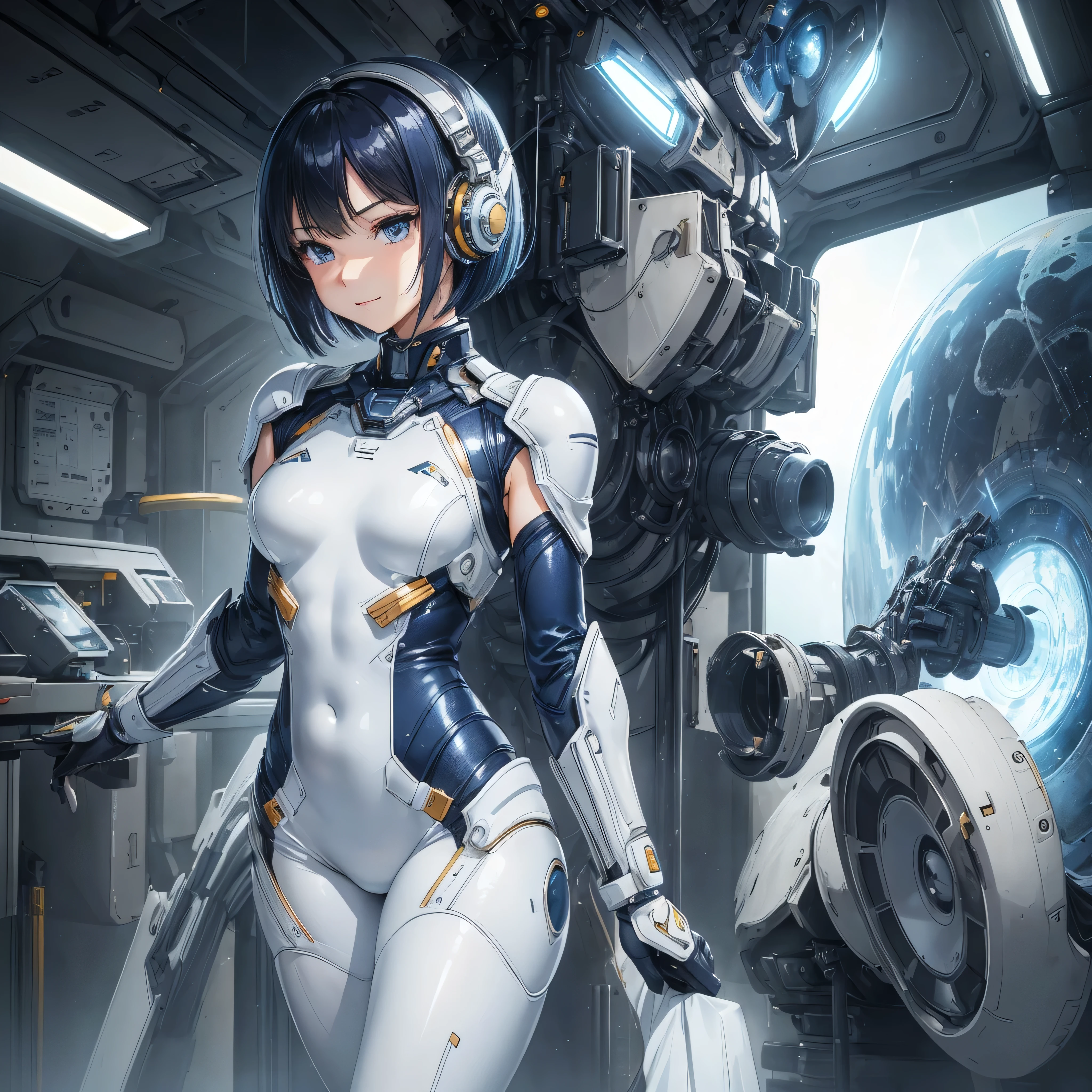 (masterpiece、Best Quality、Highest Resolution、Clear_image、Detailed details): (Whole body、A 20 year old girl、Japanese Faces、Small Face、Slender、Navy blue super short bob cut hair、(Hidden small breasts:1.3)、Sparkling blue eyes、Shiny pilot suit in white, blue and black colors、Chest protection armor、Tight fitting clothes、Clothing that covers the whole body、Glamorous clothes、Tight Fit Pants、Hide your skin、Very delicate and beautiful、Detailed Skin、Hide your thighs、Hide your ass、Cute、A gentle smile、Soft expression、heroine、Headset、Long boots、Elbow-length gloves、Eye Level Shot、Peace talks between warring factions,attention arousal, Clever Blue Eyes,Face directly、Woman on a spaceship)