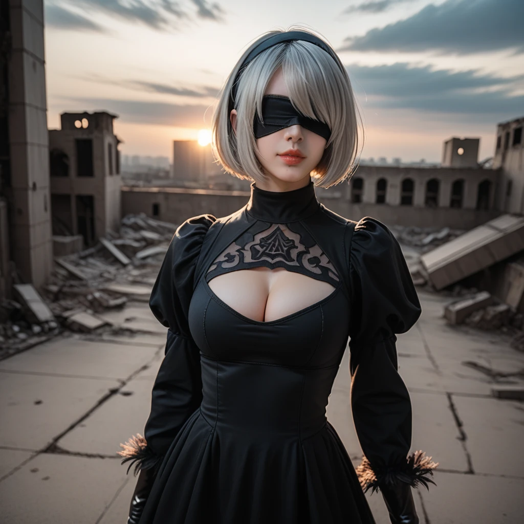 score_9, score_8_up, score_7_up, 32k,masterpiece, highest quality, 
photo realistic, super detail, vibrant colors, chiaroscuro lighting, cinematic lighting,
1 woman inspired nier automata 2B,
bob cut, silver hair, mole under mouth, black hairband, black blindfold, covered eyes,
black dress, long sleeves,  Juliet sleeves, cleavage cutout, black gloves, puffy sleeves, black thigh-high under boots,
ruins of factory, destroyed industrial complex, dark cloudy sky,
seductive pose, cinematic angle,