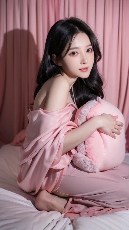 A realistic  images of beautiful sweet smile Asian woman, white skin ,long long black wavy hair, wearing royal-pink terno pajamas suit,she's hugged a royal pink giant teddybear with name "Goodnight MEPH ,by Rosanna " written on it,sitting on shiny pink bed with elegant headbord.pink wall, flowervase, pink curtain, lampshade, background, ultra-detailed ultra-realistic full of colorful, 4k HD high quality