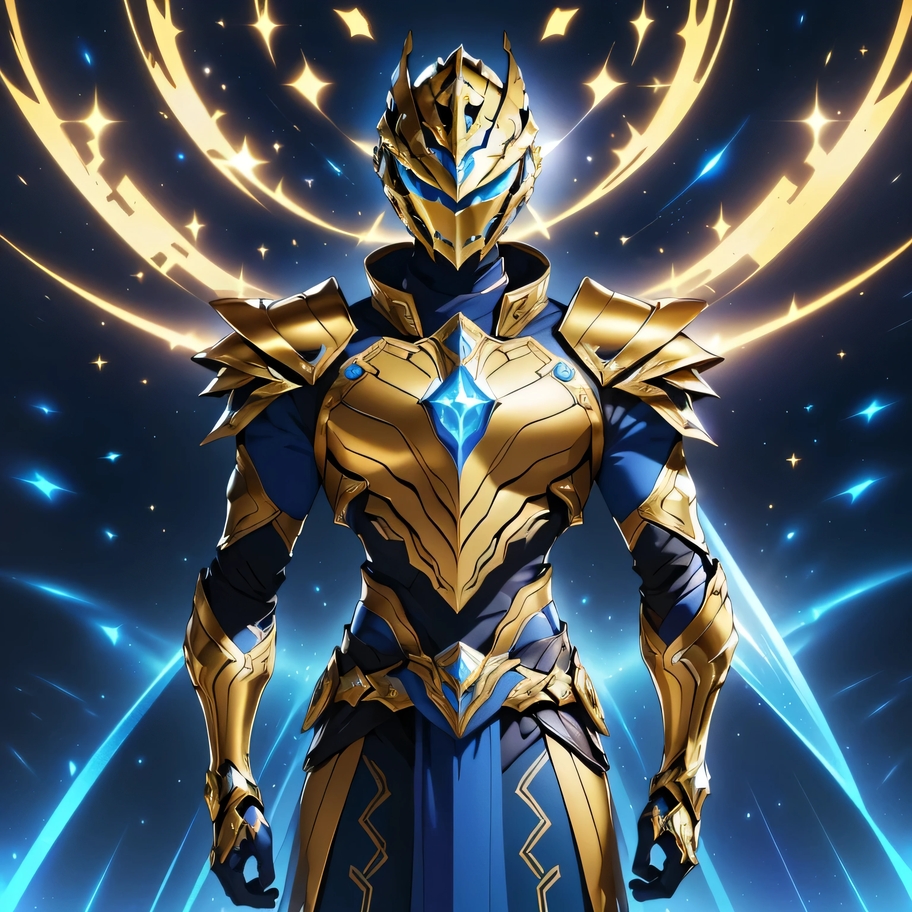 
A drawing of a man in golden and blue futuristic armor with cosmic details. The design is inspired by the Knights of the Zodiac series, featuring sleek, angular lines and advanced technology. The golden armor has powerful and majestic features, with the chest plate extending seamlessly into the shoulders. The helmet has a central crest, and the high collar encircles the neck, adding both protection and elegance. The cosmic background enhances the mystical aura, with reflections highlighting the glowing blue visor and chest gem. The overall design blends elements of classic anime styles, with influences from Saint Seiya, but modernized with a futuristic, high-tech aesthetic.