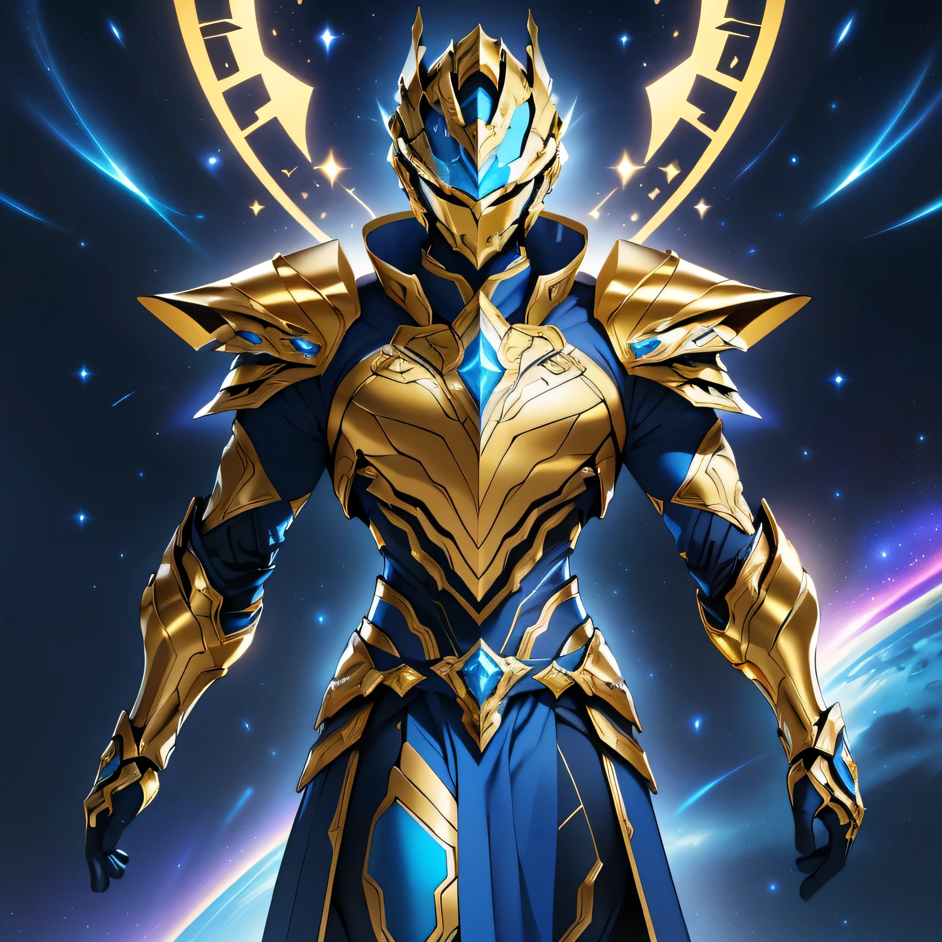 
A drawing of a man in golden and blue futuristic armor with cosmic details. The design is inspired by the Knights of the Zodiac series, featuring sleek, angular lines and advanced technology. The golden armor has powerful and majestic features, with the chest plate extending seamlessly into the shoulders. The helmet has a central crest, and the high collar encircles the neck, adding both protection and elegance. The cosmic background enhances the mystical aura, with reflections highlighting the glowing blue visor and chest gem. The overall design blends elements of classic anime styles, with influences from Saint Seiya, but modernized with a futuristic, high-tech aesthetic.