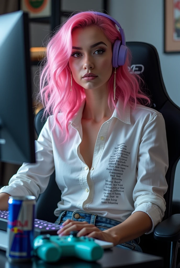 ((Masterpiece)), ((highest resolution)), a beautiful 30 year old female gamer (Julia Burch:Alyssa Sutherland:0.9), (((detailed skin texture))), ((natural skin)), (high detail face), (multicoloured hair), (pale skin), ((medium breasts)), (curvy fit body), (high detail colourful open cyberpunk jacket), no bra, (jean shorts), looking at the camera, sitting at computer desk, gaming, headset, widescreen, (perfect proportion), (realistic photo), (best quality), (detailed), shot on a Canon EOS R5, 50mm lens, F/2.8, HDR, (8k), (wallpaper), (cinematic lighting), (dramatic lighting), (sharp focus), (intricate), RAW photo, posing for camera, 8k uhd, dslr, high quality, film grain, by Craig Morey