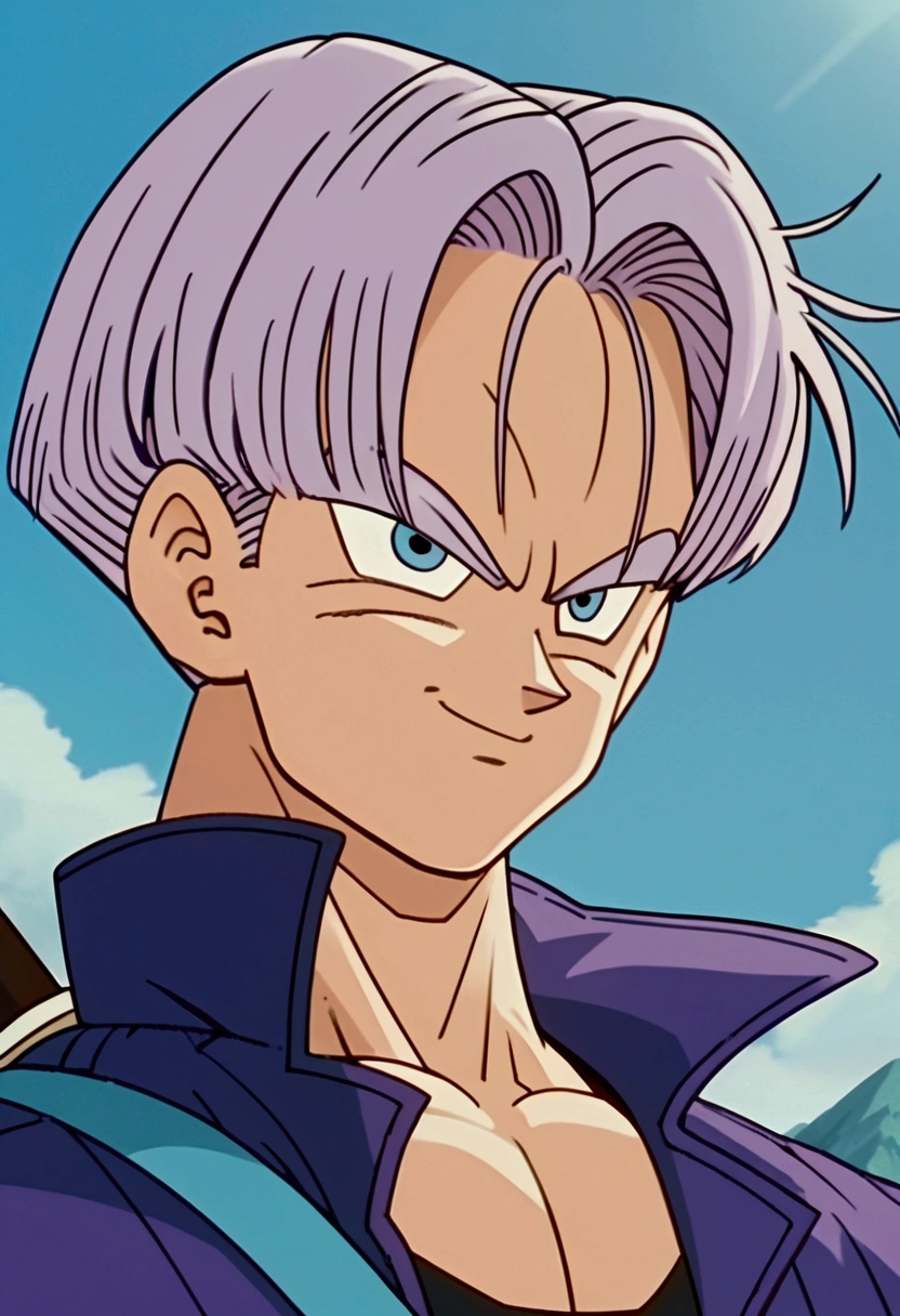 Trunks, purple jacket, black muscle shirt underneath, black pants, sword on the back, blue eyes, black pupil, purple hair, yellow shoes with black tips, mountain landscape, thin arms, thin jacket,view from front, smiling, well lit, masterpiece, spectacular details, improved face, flawless, perfect eyes, perfect mouth, perfect face, source_anime, score_9, score_8_up, score_7_up, anime screencap,8k, absurd res
