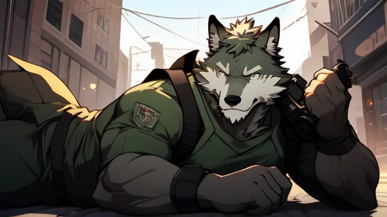 A Left Side Picture of A Very Muscular Furry style Gray Wolf. he is wearing A Dark Green Soldier suit. his eyes are looking in the gun looking spot. he is holding a large gun with his two hand. he is aiming at something that is in front of him. The background is all gray. he is Laying with his belly down flat on the ground. he is laying down to shoot on a top of a building