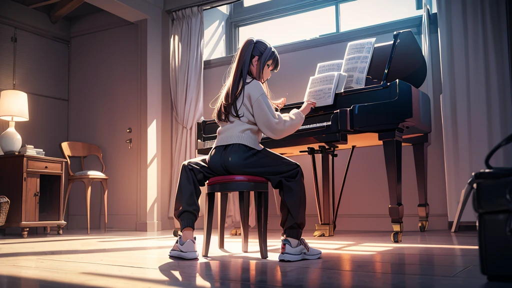 Girl sitting playing the piano, in perfect position, illuminated room, full body, sweater and wide pants with sneakers.