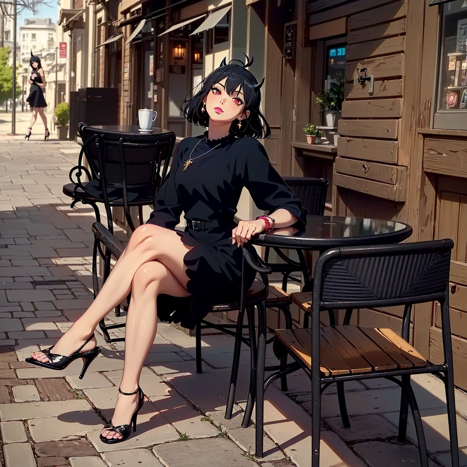 ((1girl, solo ,alone, Nero, Secre Swallowtail, illustration, (anime style, masterpiece, best quality), intricate details, 1girl, alone, Nero, black hair, short hair, red eyes, horns, black dress, black bulls, elegant delicate, reflection, shine, sophisticated, anime, manga, looking at the viewer, feathers)), ((solo, 1woman, pink lipstick, Extremely detailed, ambient soft lighting, 4k, perfect eyes, a perfect face, perfect lighting, a 1girl)), austere , ((fitness,, shapely body, athletic body, toned body)), (( black dress, high heels, elegant, glamorous, jewelry, bracelets, necklace, earrings, coffee shop, tables, chairs, sitting, legs crossed, park, trees, sidewalk, bushes, city, smug ))