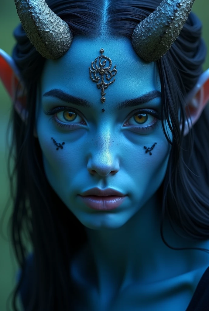 Kali, Goddess of Destruction, corpo azul, rosto intimidador e bonita, colar de caveiras