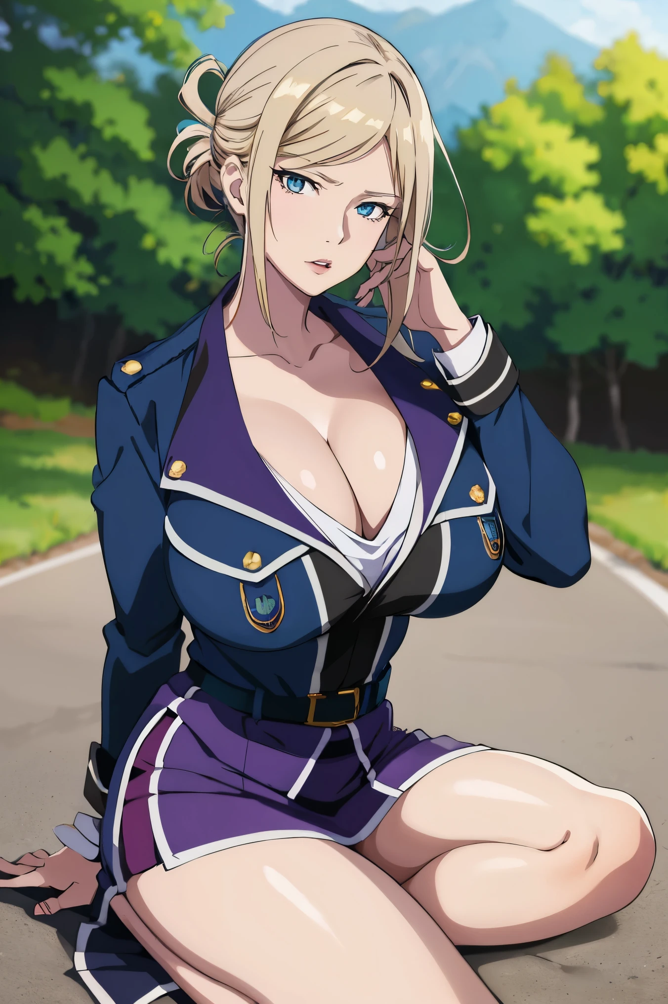 masterpiece, ((blue millitary uniform)), ((cleavage)) (best quality), (solo), 1girl, , blonde hair, purple hair , (short skirt), blue eyes, sexy woman,  hair ornament, vibrant colors , natural lighting, RTX, (huge tits), (detailed face:1.2), (perfect eyes:1.1) ,(photorealistic:1.1), 8k uhd, looking a viewer, outdoors, simple backround, emotionless, (full body), sitting pose, seiza pose, spreads legs