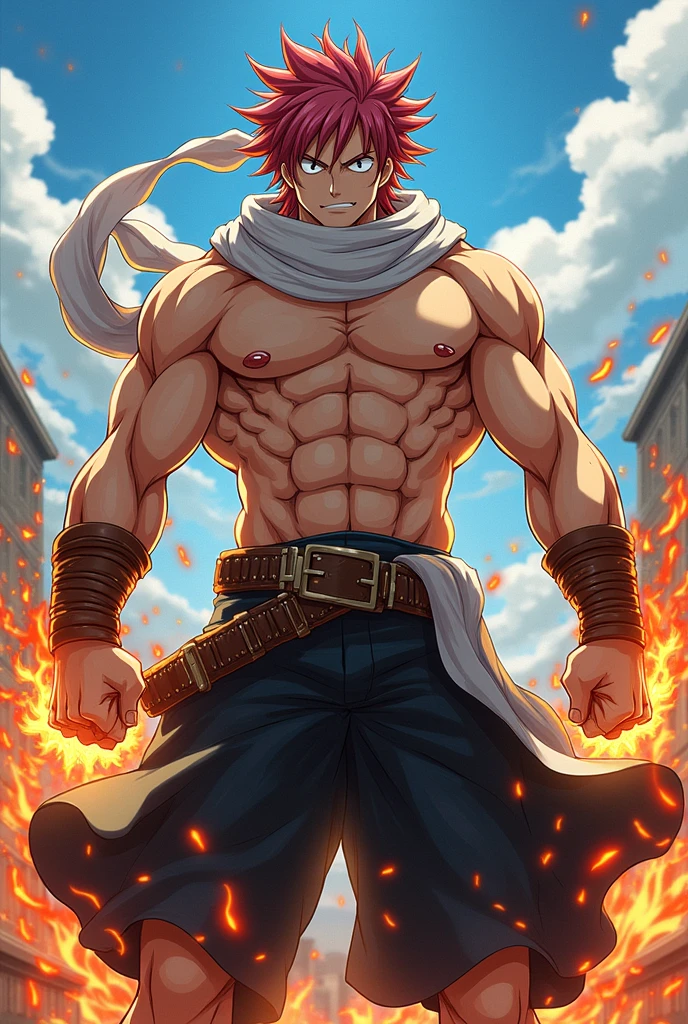 1boy, 20 year old, Natsu Dragneel sweating heavily ((naked flaccid penis dripping cum and scrotum )) smiling widely wearing a black sleeveless jacket bare chested wearing white scarf.  Naked legs with Flaccid   dripping and  , reclining down looking at the viewer. Big muscular proportionate arms and strong chest and abs. Pink hair and detailed eyes. front view, wearing ((white scarf)). big pecs and strong washboard abs. flushed face man