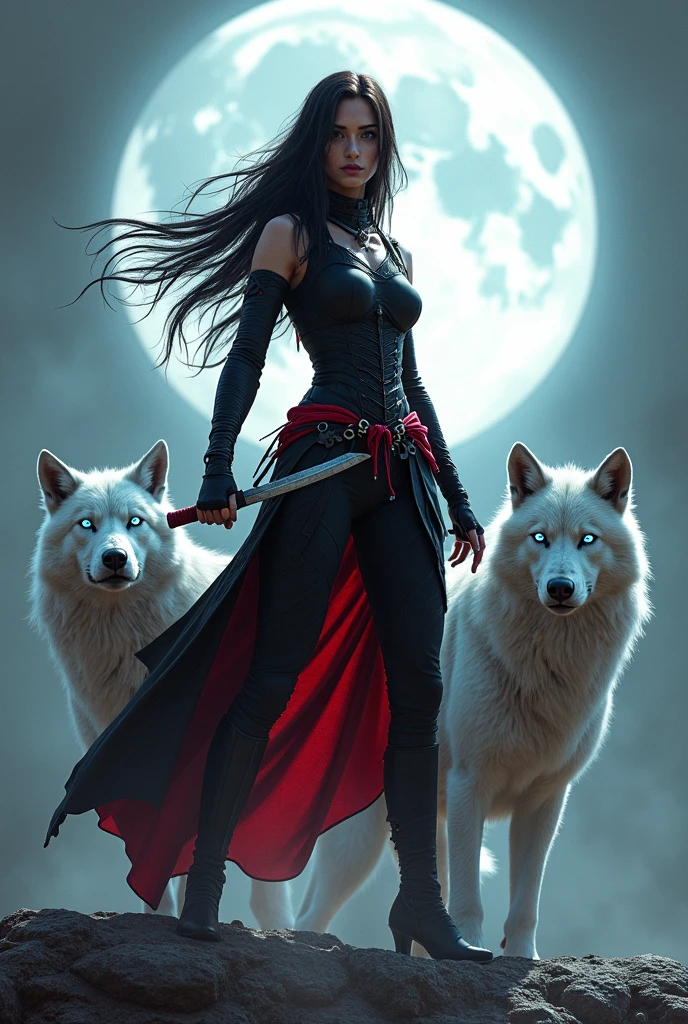 Imagem de uma mulher lobo, cabelo comprido preto, olhos vermelhos brilhantes, canalizando seus poderes, Ki em volta, em uma cidade escura destruida, ela tem uma roupa de pele de lobo cinzento e alguns detalhes preto e vermelho em sua roupa, e a imagem de um lobo de fundo e uma lua cheia sangrenta, realista, 8k, ultrarealista