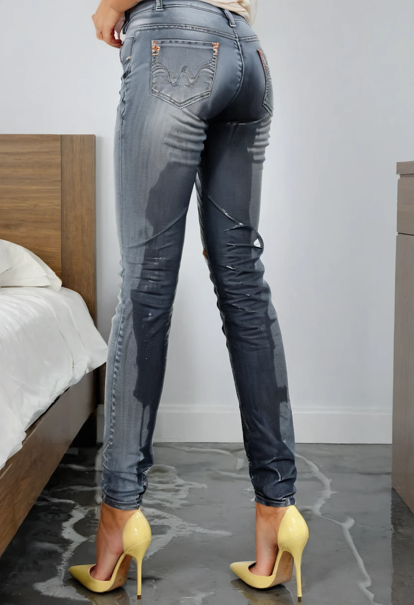 two attractive blonde woman, skinny jeans, high heel pumps, work blouse, standing in a bedroom, wetting, big smile, pee stains are gleaming wet, pee run down legs, shoes flooded with pee, show heels, (((head in frame:1.4))), lower legs of jeans soaking wet, a stream of pee flows between their legs, ((full-length body shot))