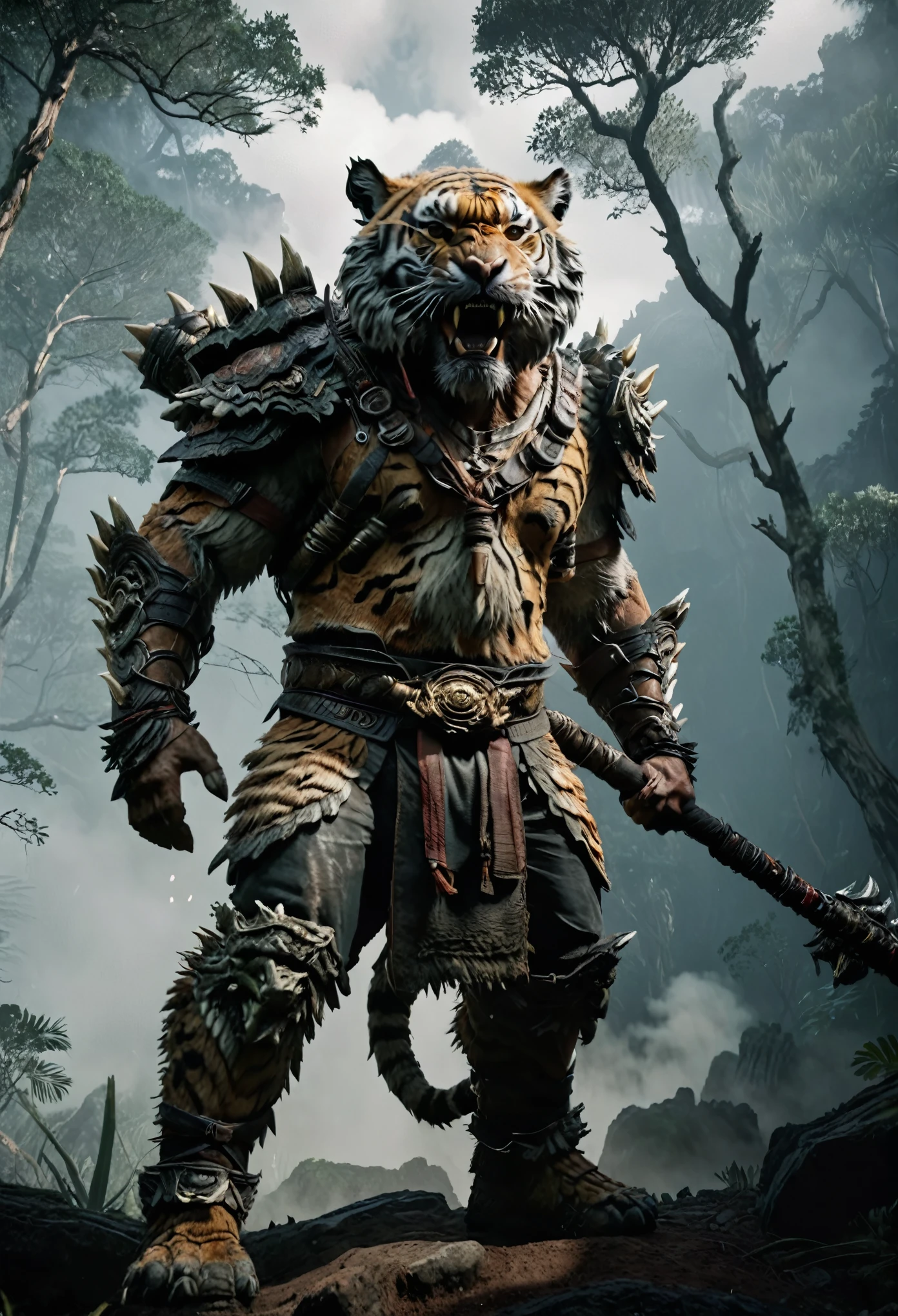 generaye  the angry mutant giant tiger a cinematic still of a sci-fi film, muted grey color grading, shot on film, highly rendered unreal machine 5, monster hunter world, tiger beast, shadow tomb raider, he is holding a god stick weapon in his hand, a perfectly shaped figure, situated in a sultry forest environment and with sharp corners and thick fog, white clouds with black lines, smooth lines, very realistic, octane rendering, unreal engine 5, 3d blender model, trending art station with raw style --ar 85:128 --v 6.1