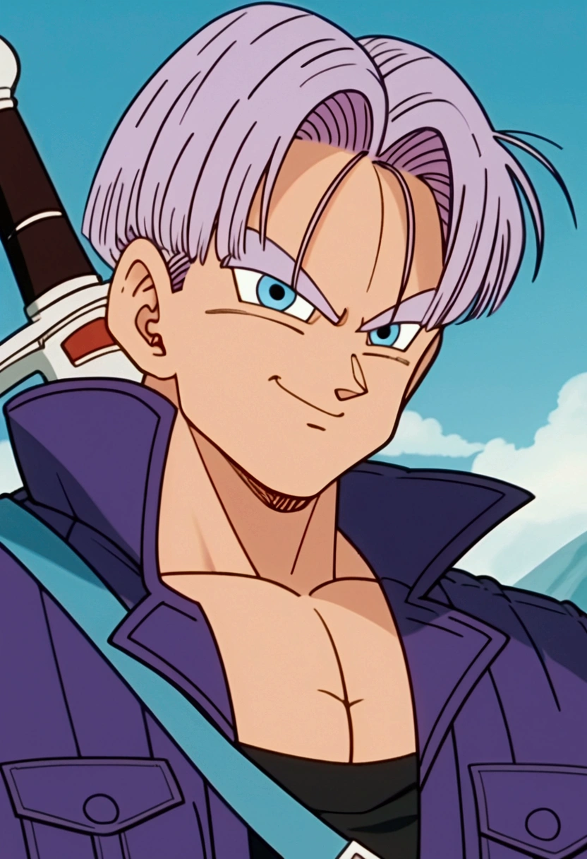 Trunks, purple jacket, black muscle shirt underneath, black pants, sword on the back, blue eyes, black pupil, purple hair, yellow shoes with black tips, mountain landscape, thin arms, thin jacket,view from front, smiling, well lit, masterpiece, spectacular details, improved face, flawless, perfect eyes, perfect mouth, perfect face, source_anime, score_9, score_8_up, score_7_up, anime screencap,8k, absurd res
