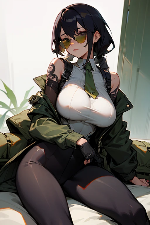 Young female, giantess (15ft 6in height), curvy body, DDD size breasts, dark green hair in two high buns, light blue eyes with designs, beautiful, vertical labret piercing, wearing comfortable tactical style clothes.