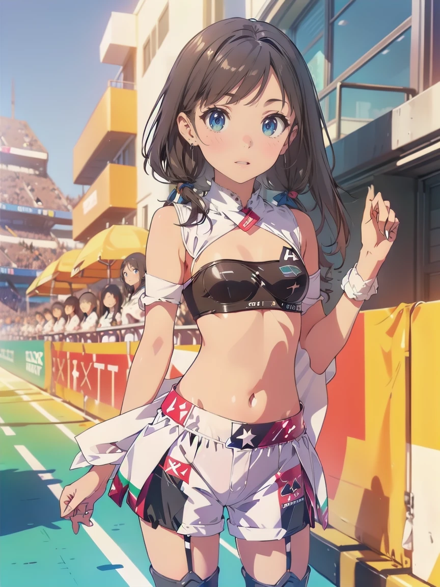 (Race Queen,Grid Girls:1.5),Crop top,White Micro Shorts,standing:1.3、Black Hair:1.5、short hair:1.5,Twin tails:1.5、(((Very flat chest:1.3)))、