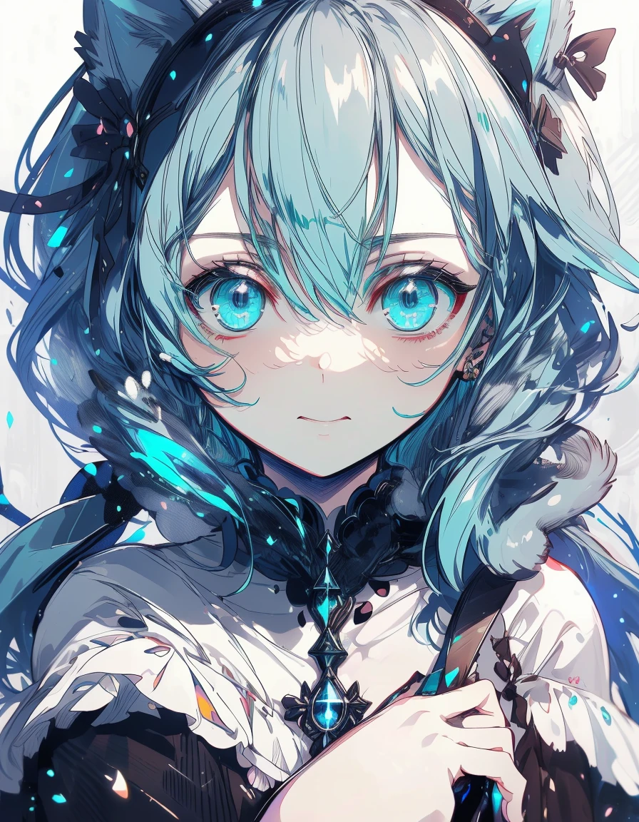 ((masterpiece)), (highest quality), (detailed), (One girl), (Internal Data Stream) Light blue gradient hair, Glowing blue eyes, Straight hair, Wearing a modern white shirt and black dress, Covered in data particles, Locked around the neck