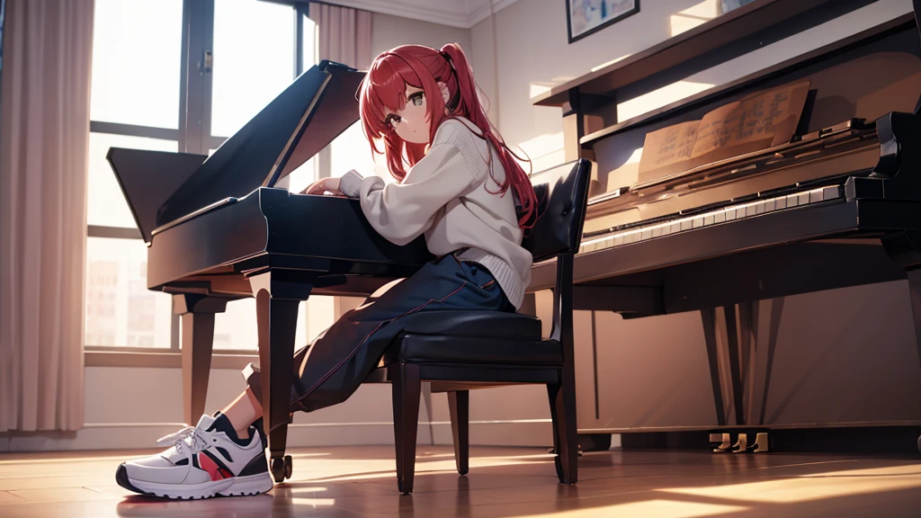 Girl sitting playing the piano, in perfect position, illuminated room, full body, sweater and wide pants with sneakers.