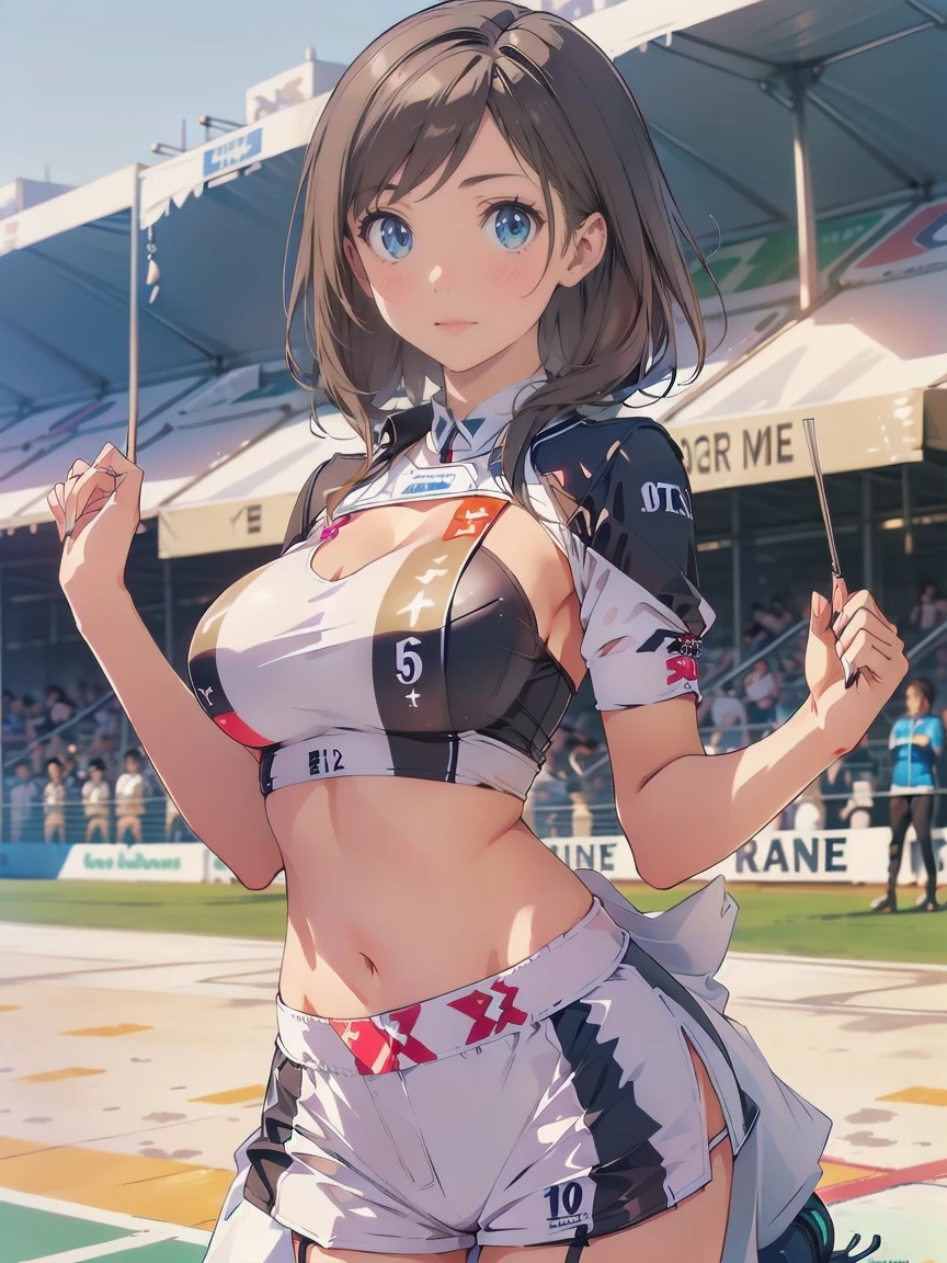 (Race Queen,Grid Girls:1.5),Crop top,White Micro Shorts,standing:1.3、Black Hair:1.5、short hair:1.5,Twin tails:1.5、(((Very large breasts:1.5)))、