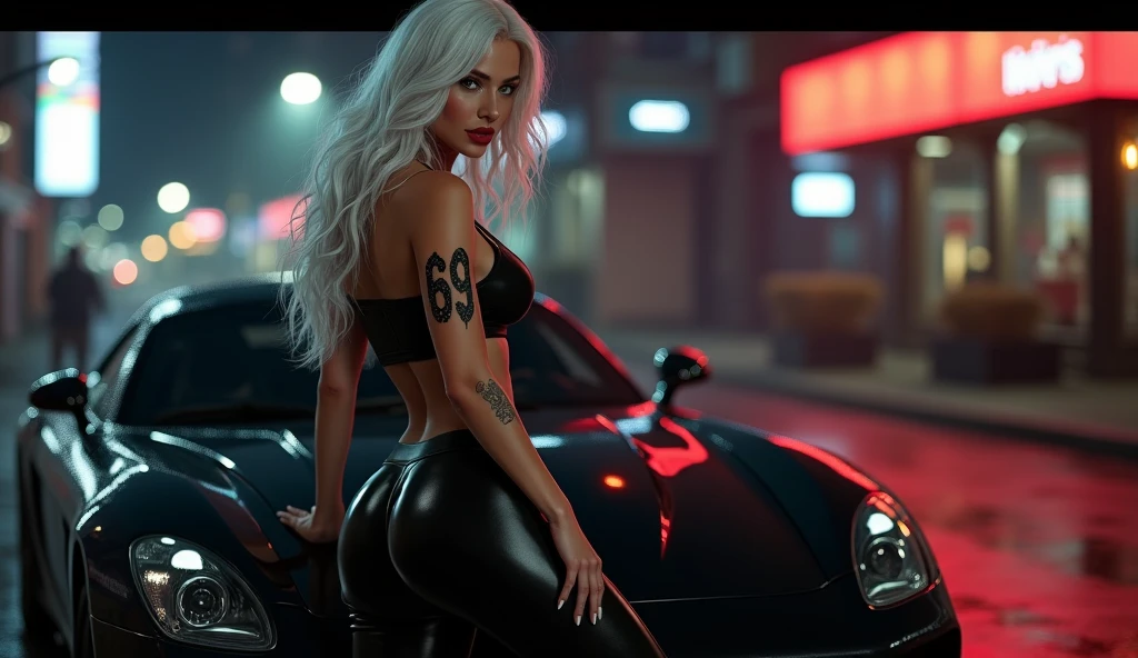 Beautiful woman,25 years(big boobs) beautiful curves,blonde hair,cyberpunk style,tattoo on arm,futuristic background at night, with starry sky,sitting on top of a futuristic car,with sunglasses