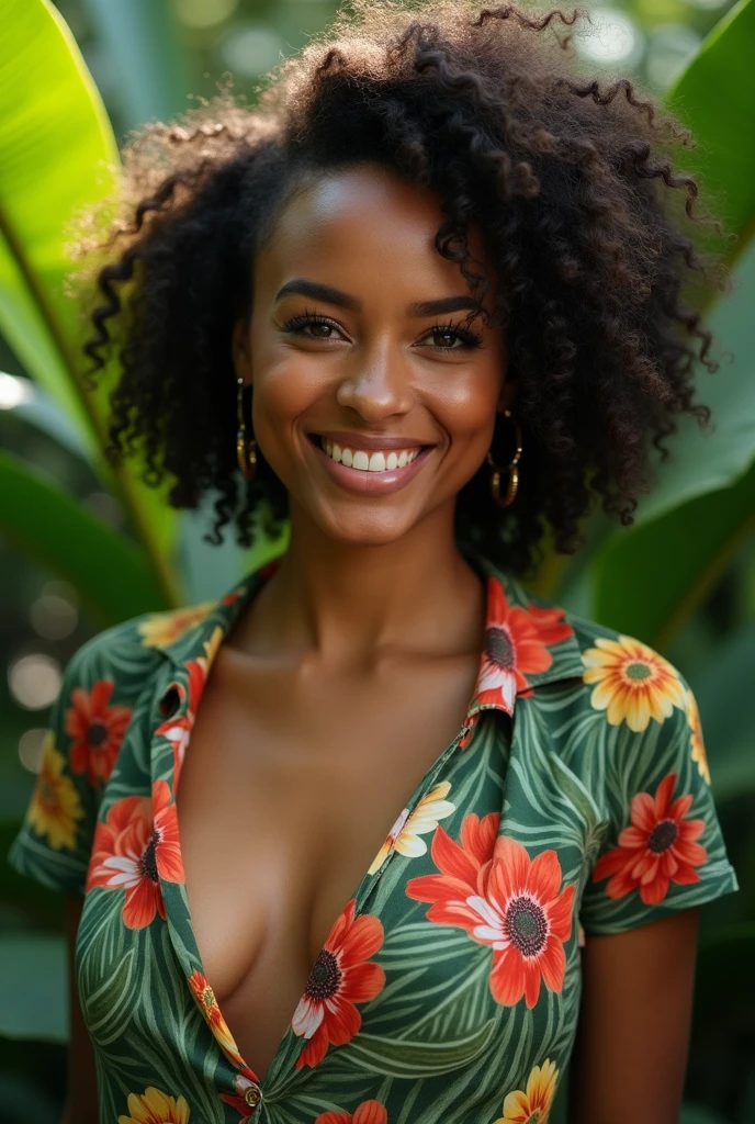 A Brazilian woman in a lush tropical garden, wearing an open shirt with a floral print, with a close-up capturing the harmonious beauty between her breasts and the natural flowers, showing off your natural charm and outgoing personality.