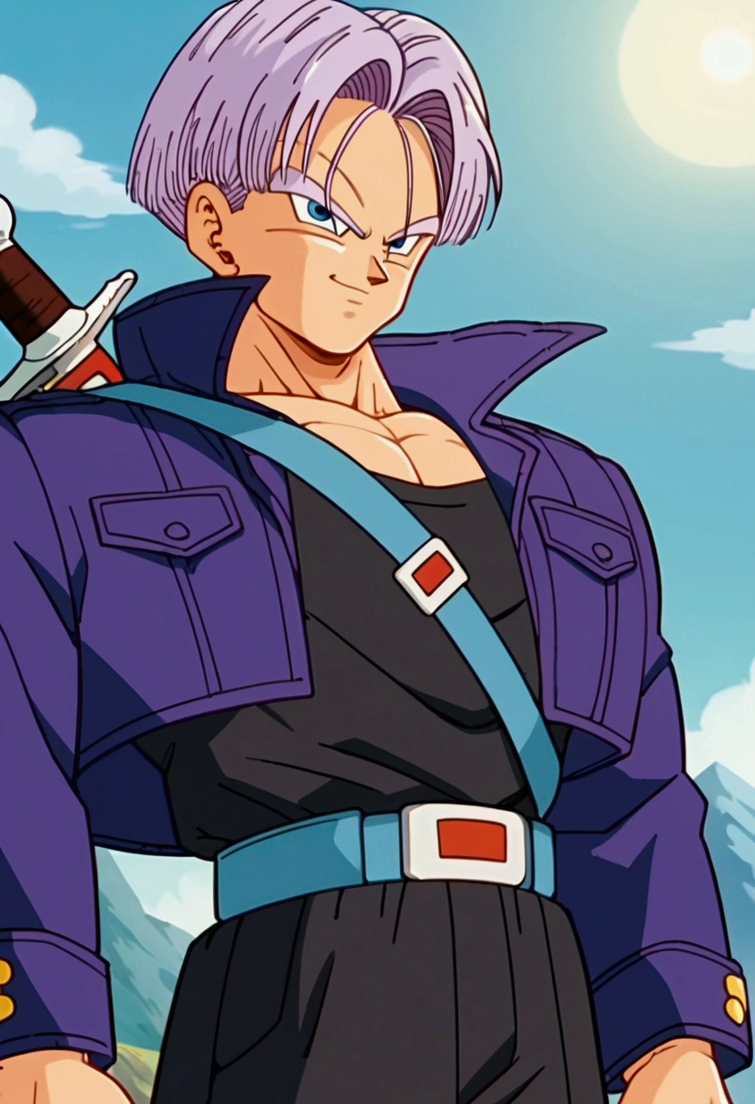 Trunks, purple jacket, black muscle shirt underneath, black pants, sword on the back, blue eyes, black pupil, purple hair, yellow shoes with black tips, mountain landscape, thin arms, thin jacket,view from front, smiling, well lit, masterpiece, spectacular details, improved face, flawless, perfect eyes, perfect mouth, perfect face, source_anime, score_9, score_8_up, score_7_up, anime screencap,8k, absurd res
